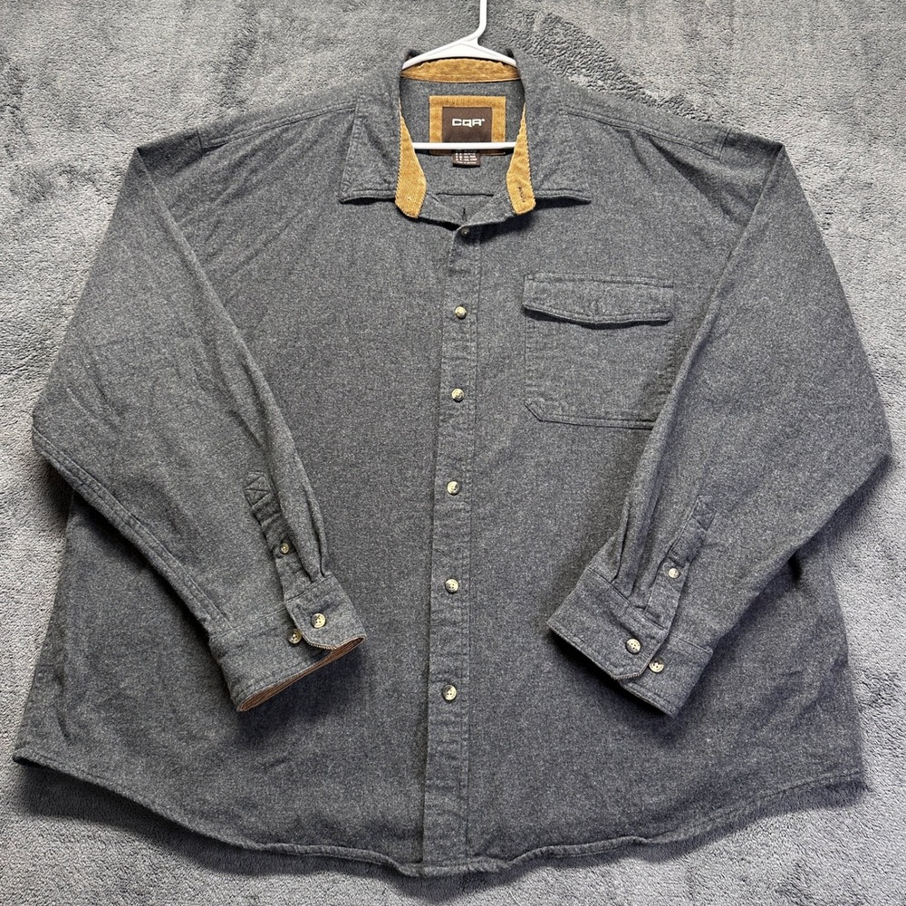 CQR Flannel Shirt Mens 3XL Gray Corduroy Trim Cotton Long Sleeve Button Down